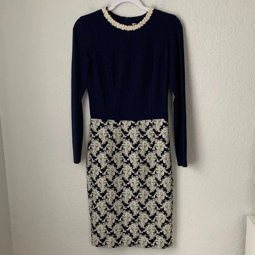 Loren KLaisrie Long Sleeve Pearl Embellished Neckline Dress Size EU 36/US 6